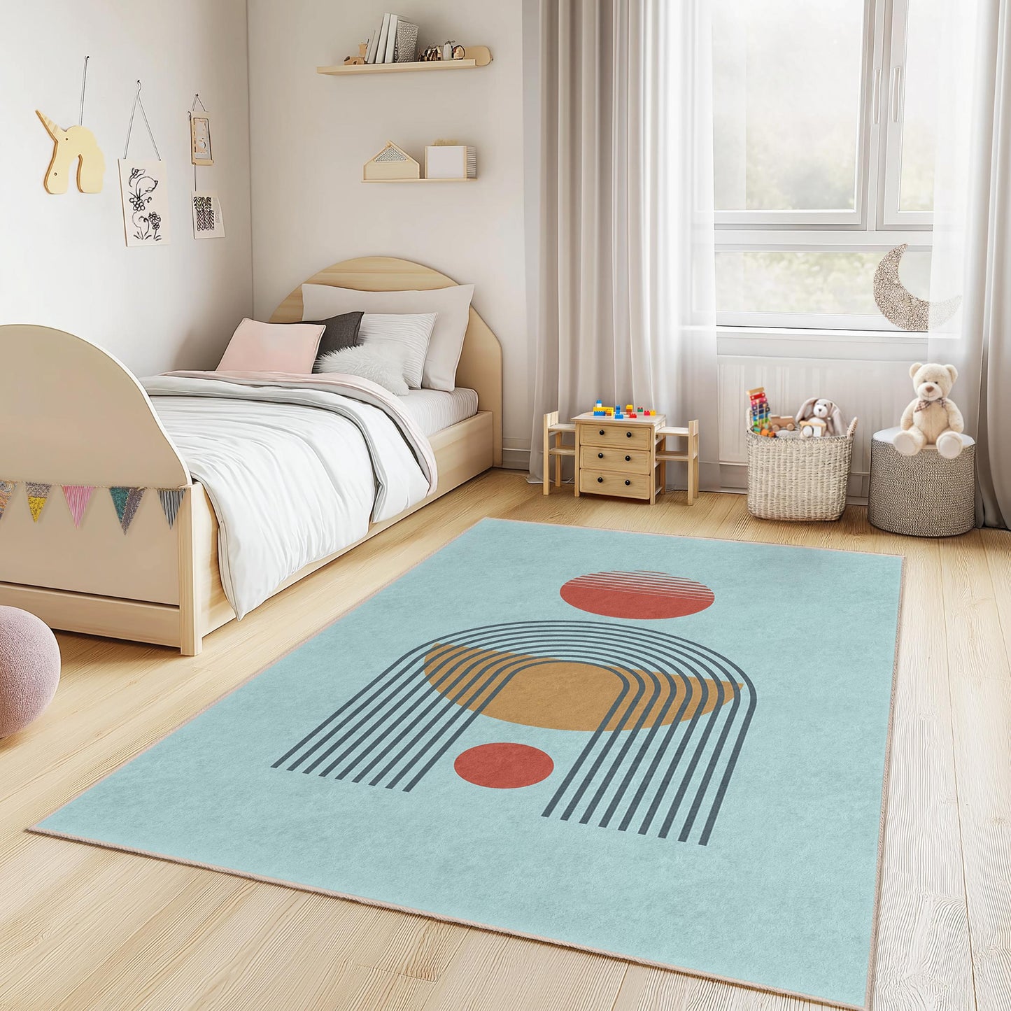 Geometric Shapes Patterned Rectangular Play Rug for Kids, Modern Nursery Carpet, Soft Playroom Mat, Kids Room Decor