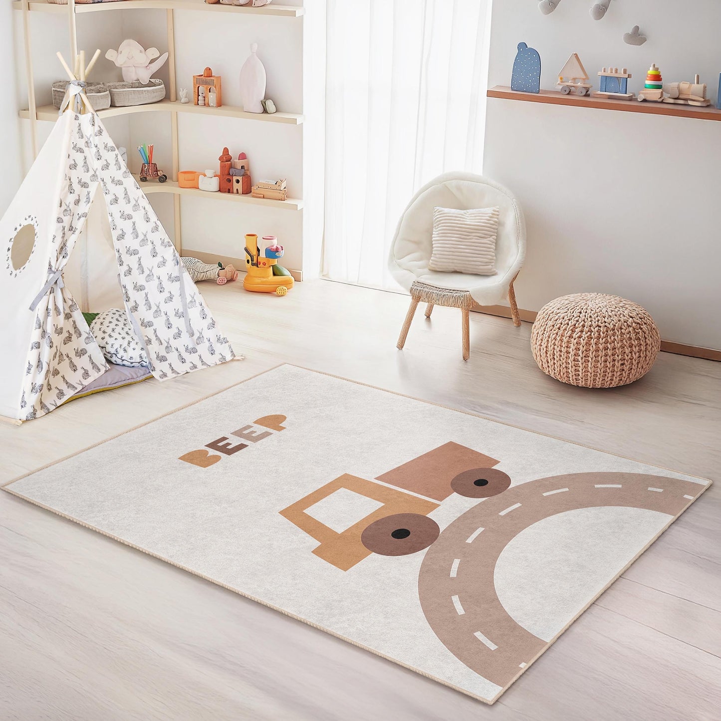 Piepender LKW-Spielteppich für Kinder, niedliche LKW-Spielmatte, rechteckiger Kinderzimmerteppich, lustige Kinderzimmerdekoration, weicher Spielteppich