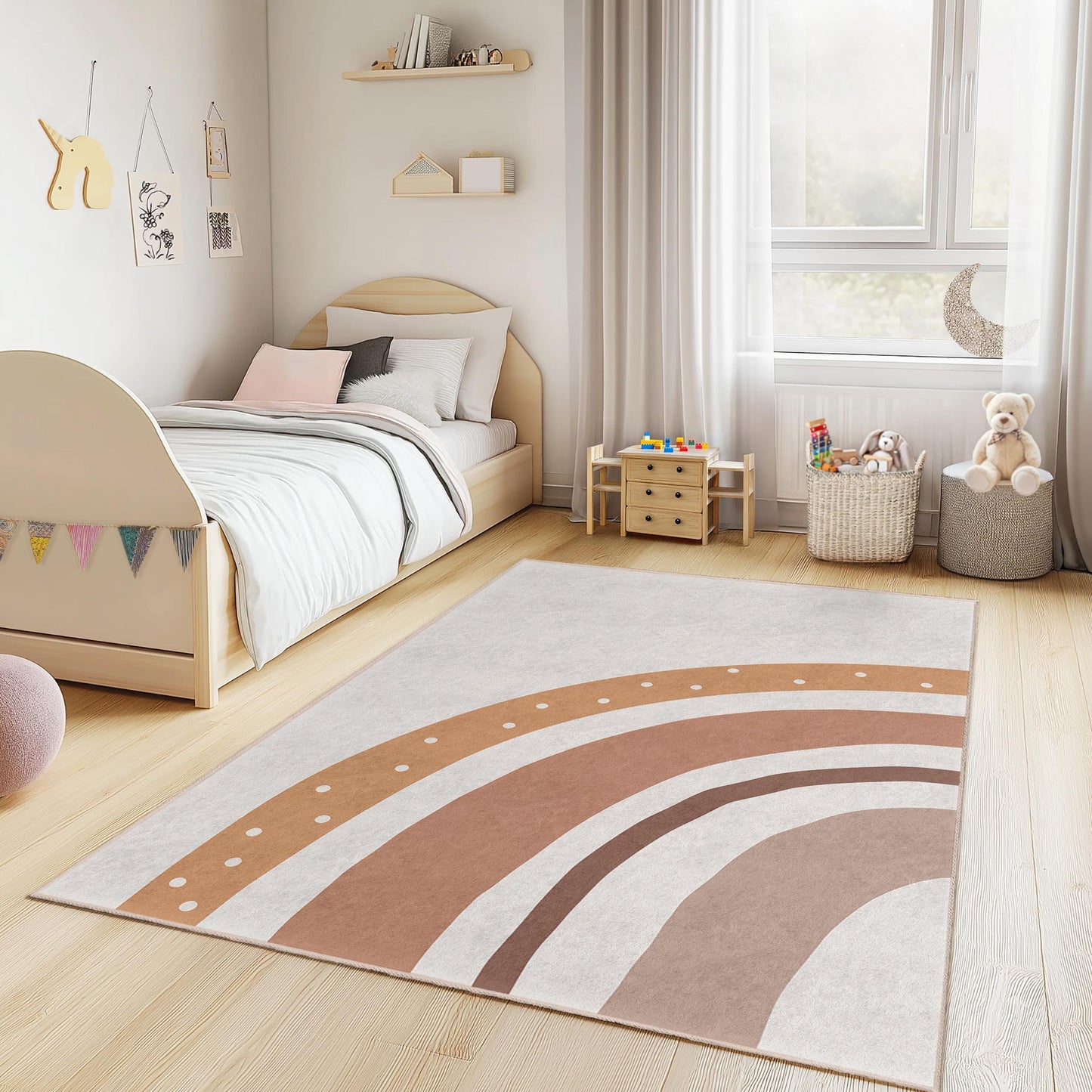 Boho Rainbow Kids Room Rug, Rectangular Play Mat, Soft Nursery Carpet, Earthy Tone Kids Decor, Childrens Bedroom Rug