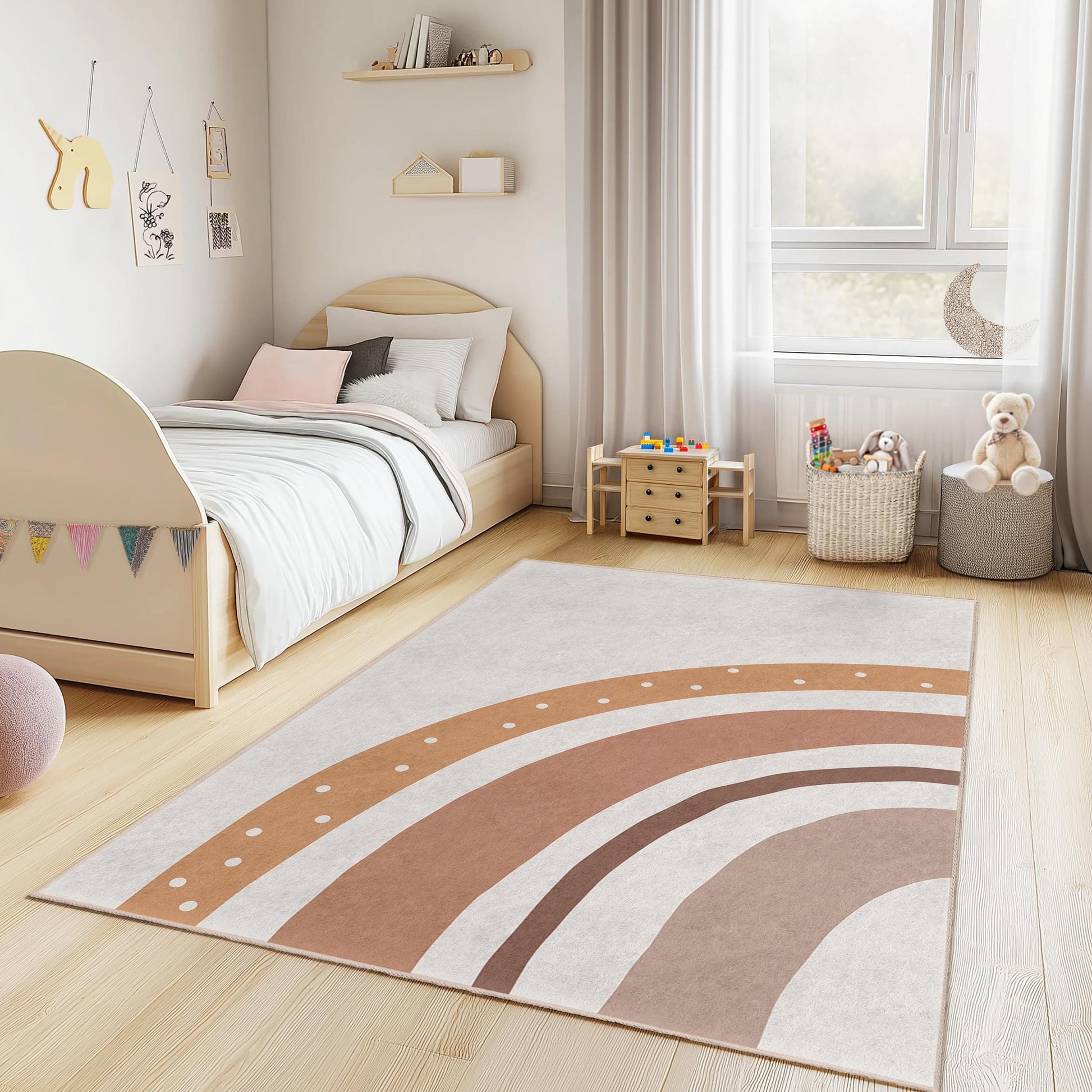 Boho Rainbow Kids Room Rug, Rectangular Play Mat, Soft Nursery Carpet, Earthy Tone Kids Decor, Childrens Bedroom Rug