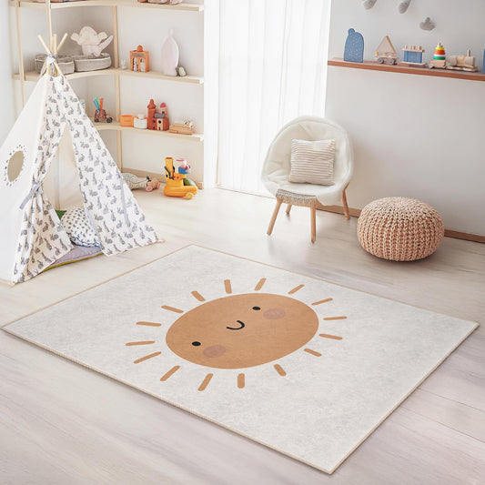 Smiling Sun Rectangular Kids Rug, Cute Sun Design Area Rug, Playroom Carpet, Nursery Decor, Childrens Room Rug, Happy Sun Mat