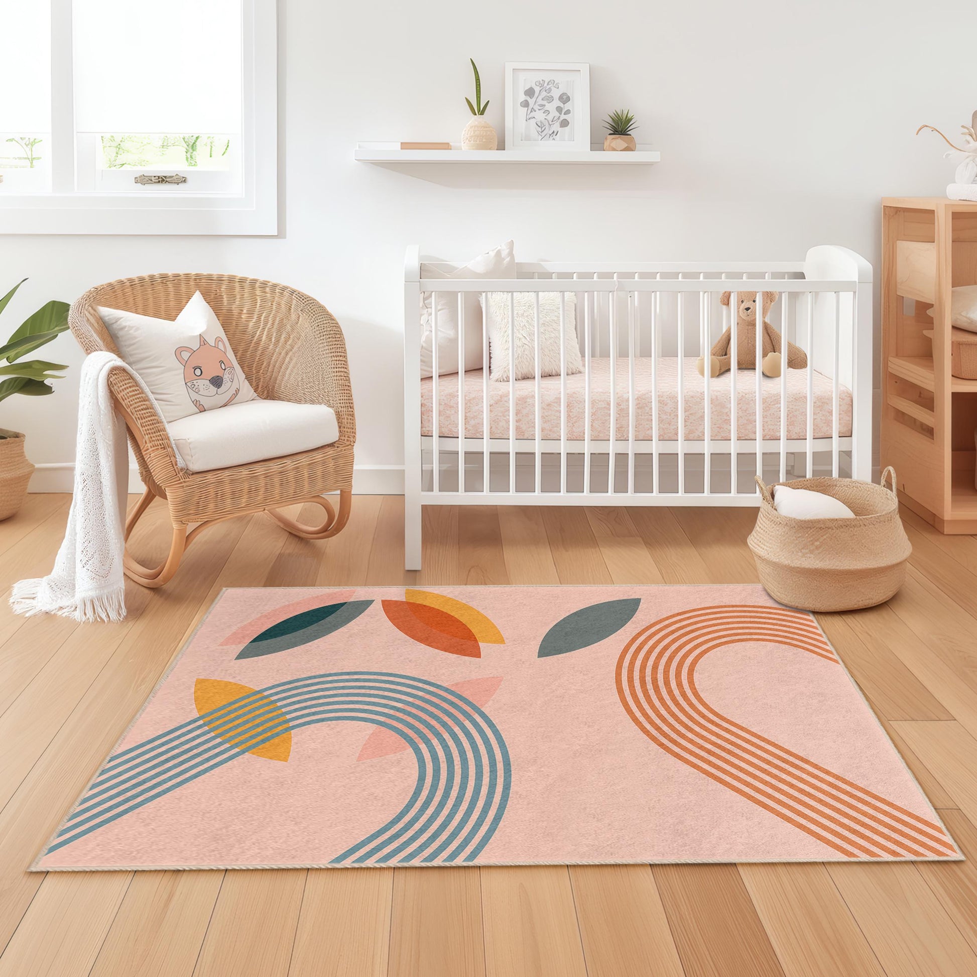 Abstract Colorful Lines and Shapes Rectangular Kids Rug, Modern Playroom Carpet, Nursery Decor, Soft Kids Room Rug