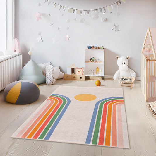 Rainbow Arches Rectangular Kids Rug, Colorful Playroom Carpet, Children Room Decor, Soft Nursery Mat, Modern Kids Rug