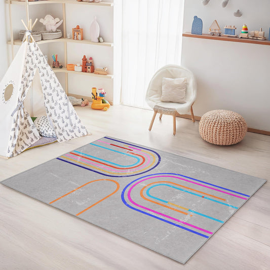 Colorful Abstract Lines Rectangular Kids Room Rug, Modern Design Carpet for Playroom, Non-Slip Nursery Decor, Soft Area Rug