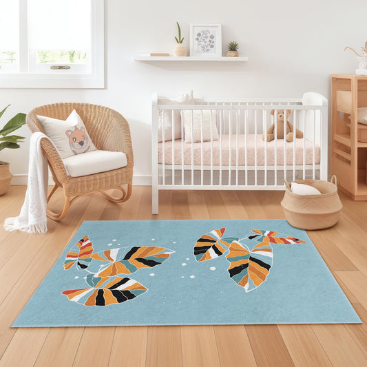 Colorful Leaf Design Kids Rectangular Rug, Vibrant Nursery Carpet, Playroom Decor, Soft Area Rug for Children's Room