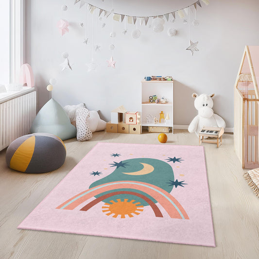 Colorful Rainbow and Moon Rectangular Kids Rug, Playful Nursery Decor, Soft Area Rug for Children's Room, Modern Kids Carpet