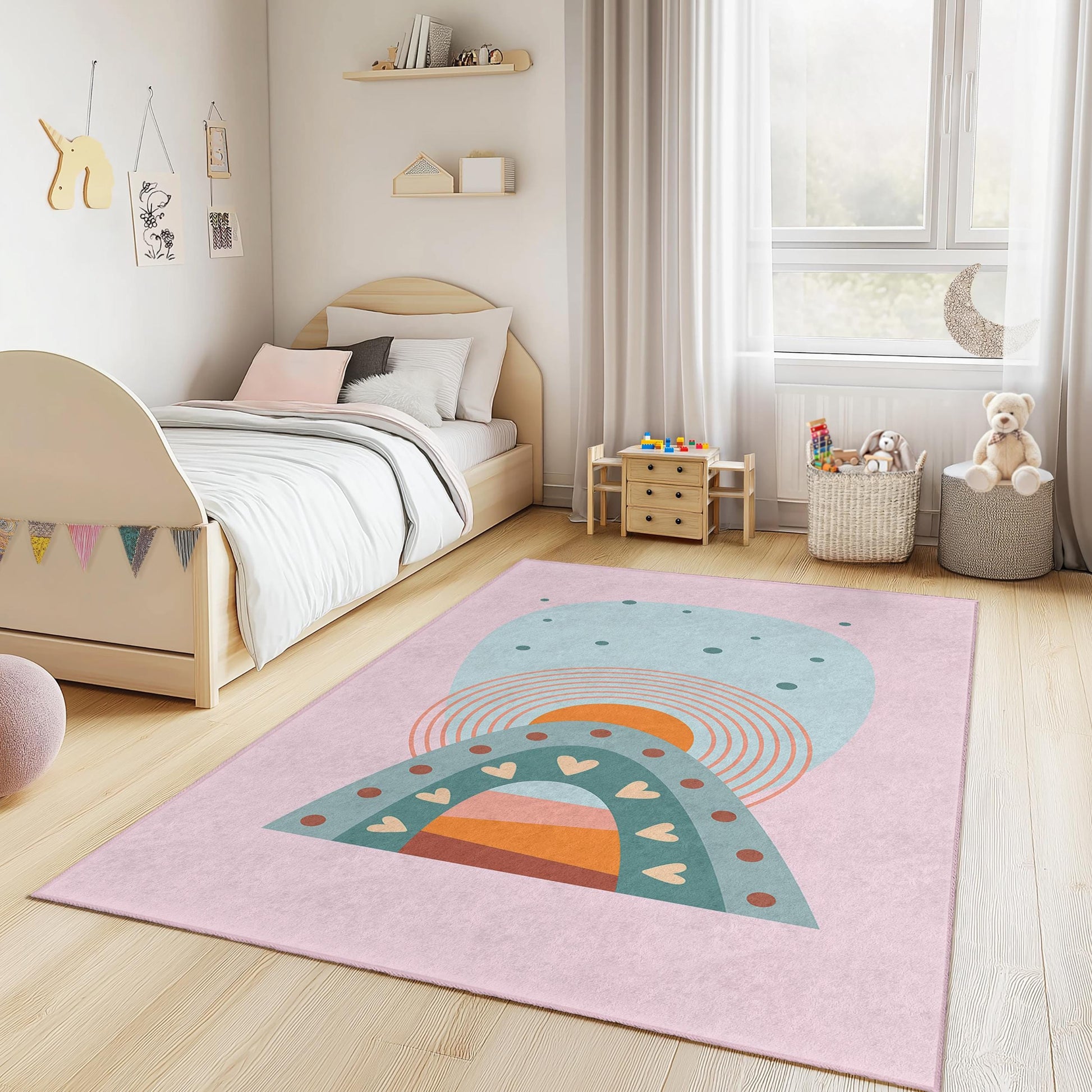 Rainbow Arched Kids Room Rug, Colorful Playroom Carpet, Rectangle Nursery Rug, Soft Childrens Room Decor, Vibrant Kids Mat
