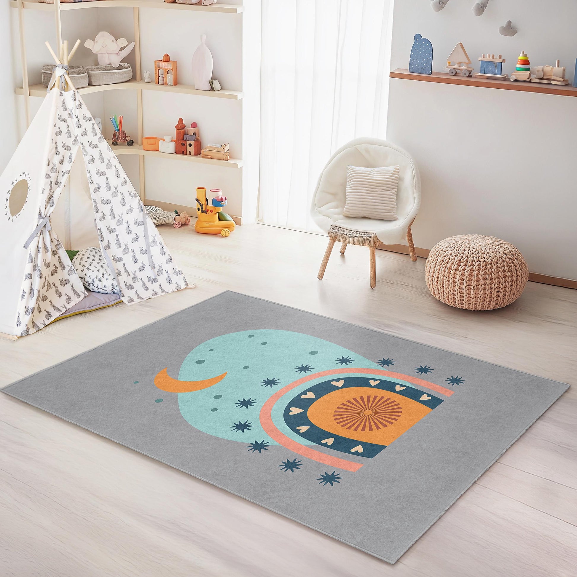 Colorful Rainbow and Stars Rectangular Kids Rug, Playful Nursery Carpet, Soft Kids Room Decor, Unique Children Mat