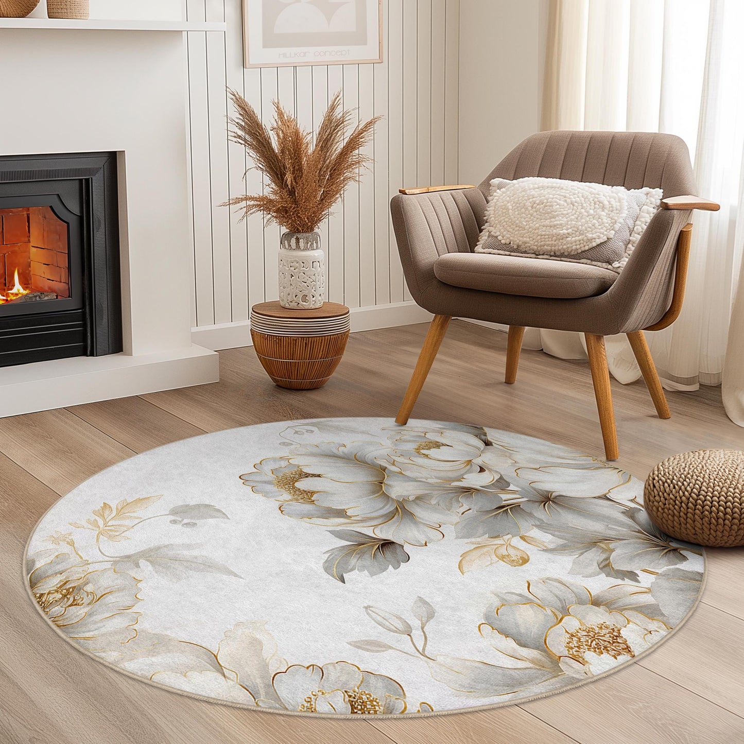 Eleganter runder Teppich mit Blumenmuster, weißes Pfingstrosenmotiv, weicher runder Teppich für Wohnzimmer, Schlafzimmer und andere Wohnbereiche