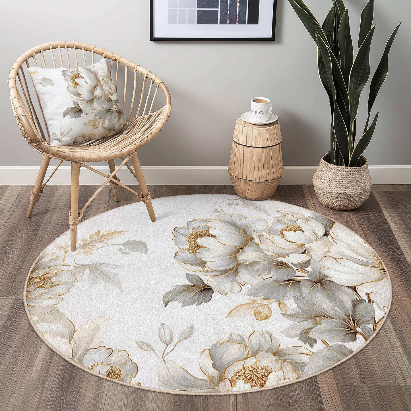 Eleganter runder Teppich mit Blumenmuster, weißes Pfingstrosenmotiv, weicher runder Teppich für Wohnzimmer, Schlafzimmer und andere Wohnbereiche