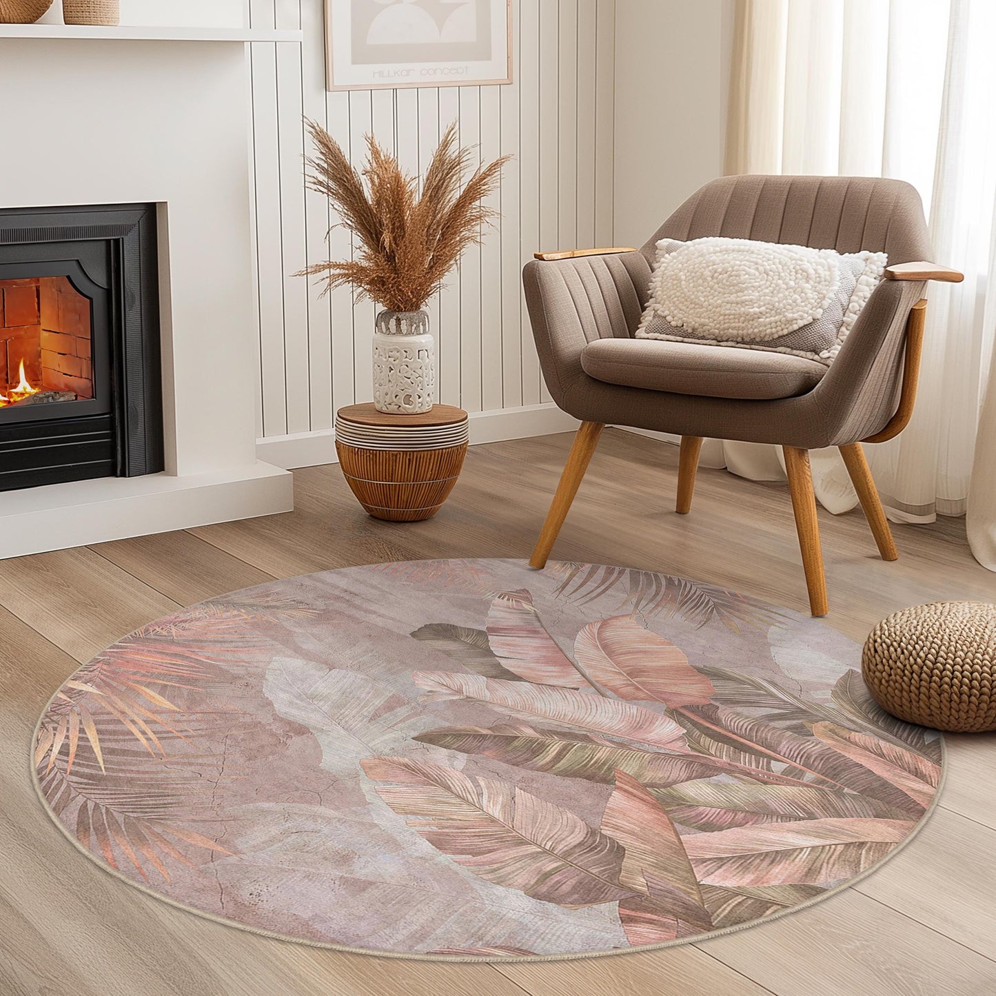 Runder Teppich mit tropischem Blättermuster, runder Boho-Teppich fürs Wohnzimmer, weicher runder Teppich fürs Schlafzimmer, elegante runde Wohnaccessoires