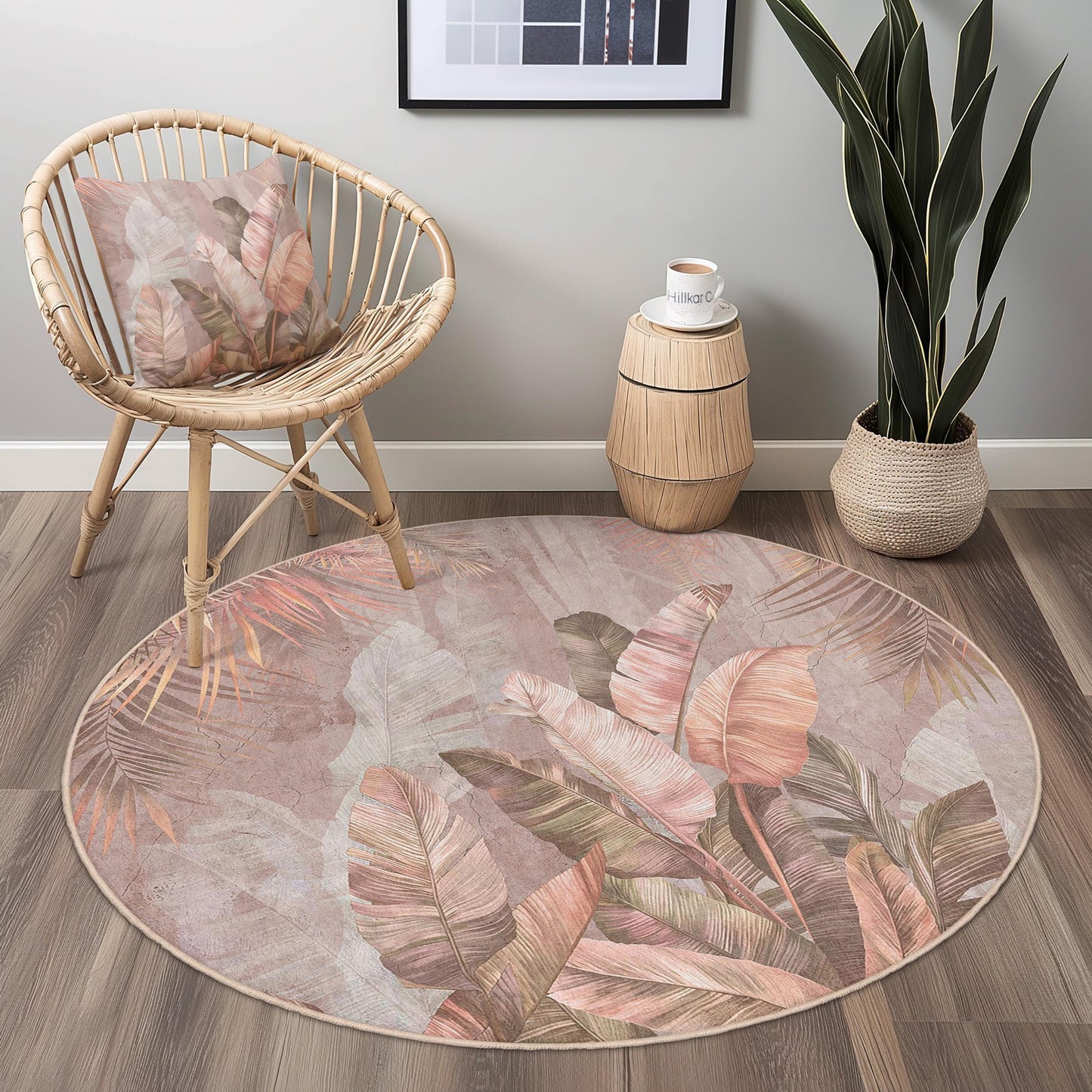Runder Teppich mit tropischem Blättermuster, runder Boho-Teppich fürs Wohnzimmer, weicher runder Teppich fürs Schlafzimmer, elegante runde Wohnaccessoires