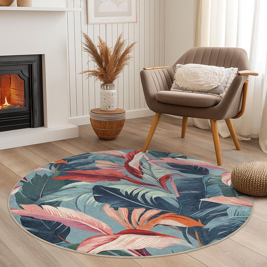 Tropical Leaf Round Area Rug, Botanical Pattern Round Rug, Floral Decor for Living Room, Soft Round Carpet for Kids Room
