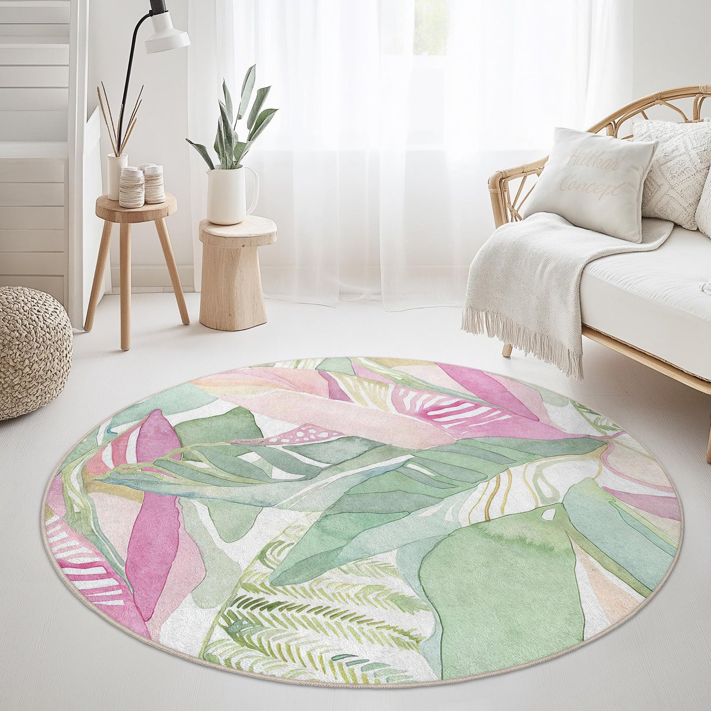 Runder Teppich mit tropischen Aquarellblättern: Boho-Botanische Wohndekoration
