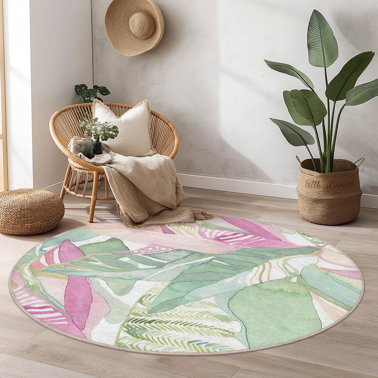 Runder Teppich mit tropischen Aquarellblättern: Boho-Botanische Wohndekoration