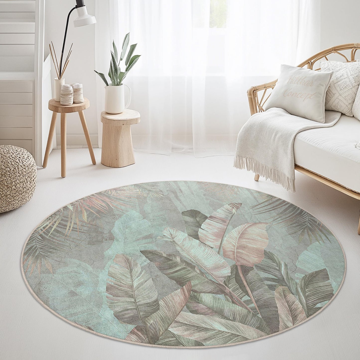 Runder Teppich mit tropischem Blättermuster, Botanischer Kreisteppich, Runder Teppich mit grünem Blattmuster, Wohnaccessoire im Bohème-Stil, Wohnzimmer-Fußmatte