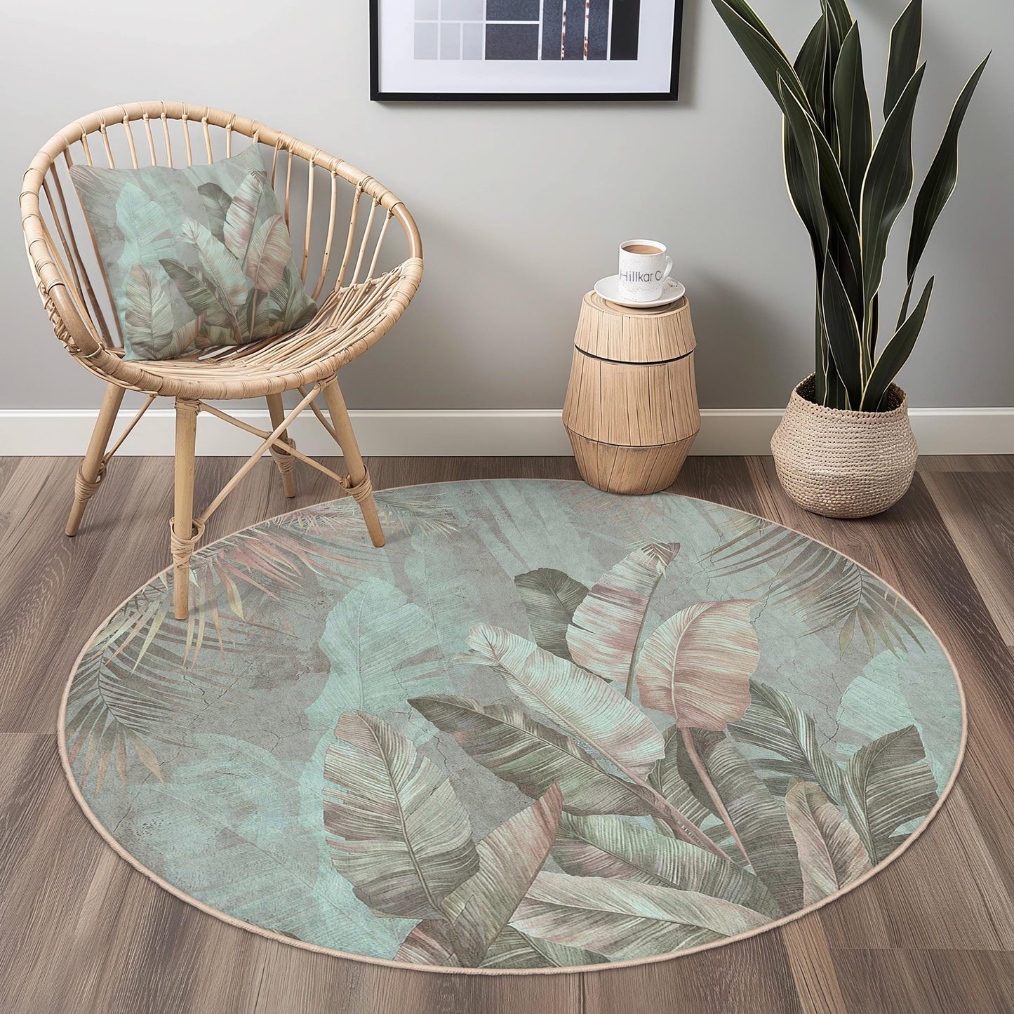 Runder Teppich mit tropischem Blättermuster, Botanischer Kreisteppich, Runder Teppich mit grünem Blattmuster, Wohnaccessoire im Bohème-Stil, Wohnzimmer-Fußmatte