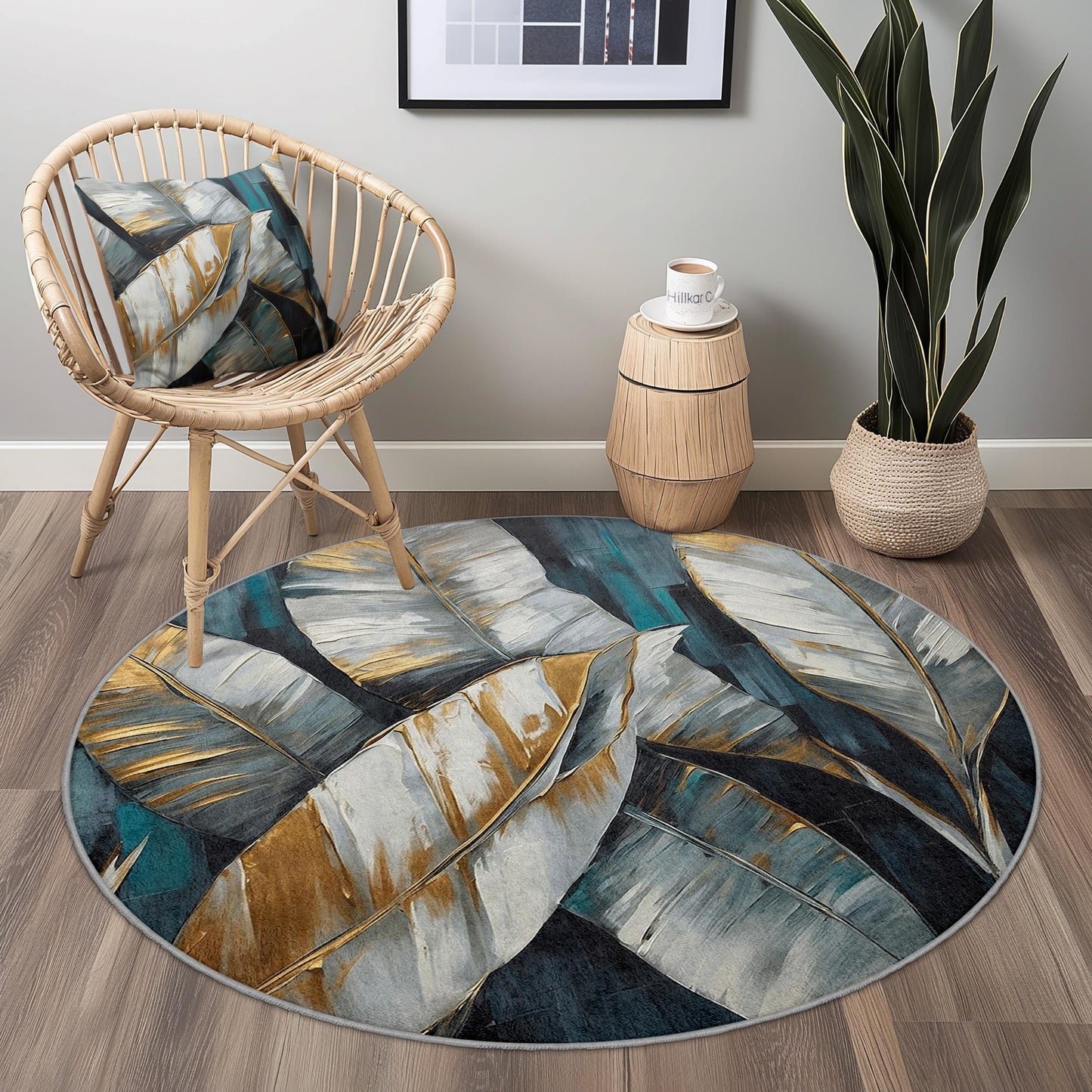 Eleganter runder Teppich mit Goldblattmuster, moderner Teppich mit Blattmotiv, runder Wohnzimmerteppich, dekorativer runder Teppich, Boho-Chic-Wohnaccessoire