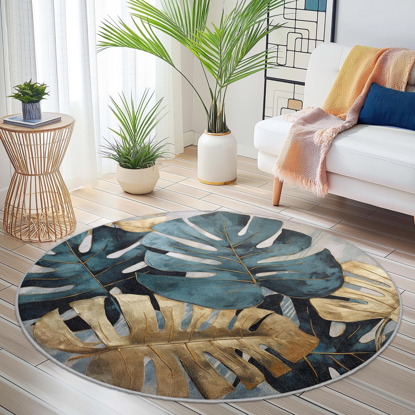 Runder Teppich mit tropischem Monstera-Blattmuster, Boho-Stil, Wohnzimmerteppich, Blättermuster, stilvoller Indoor-Teppich