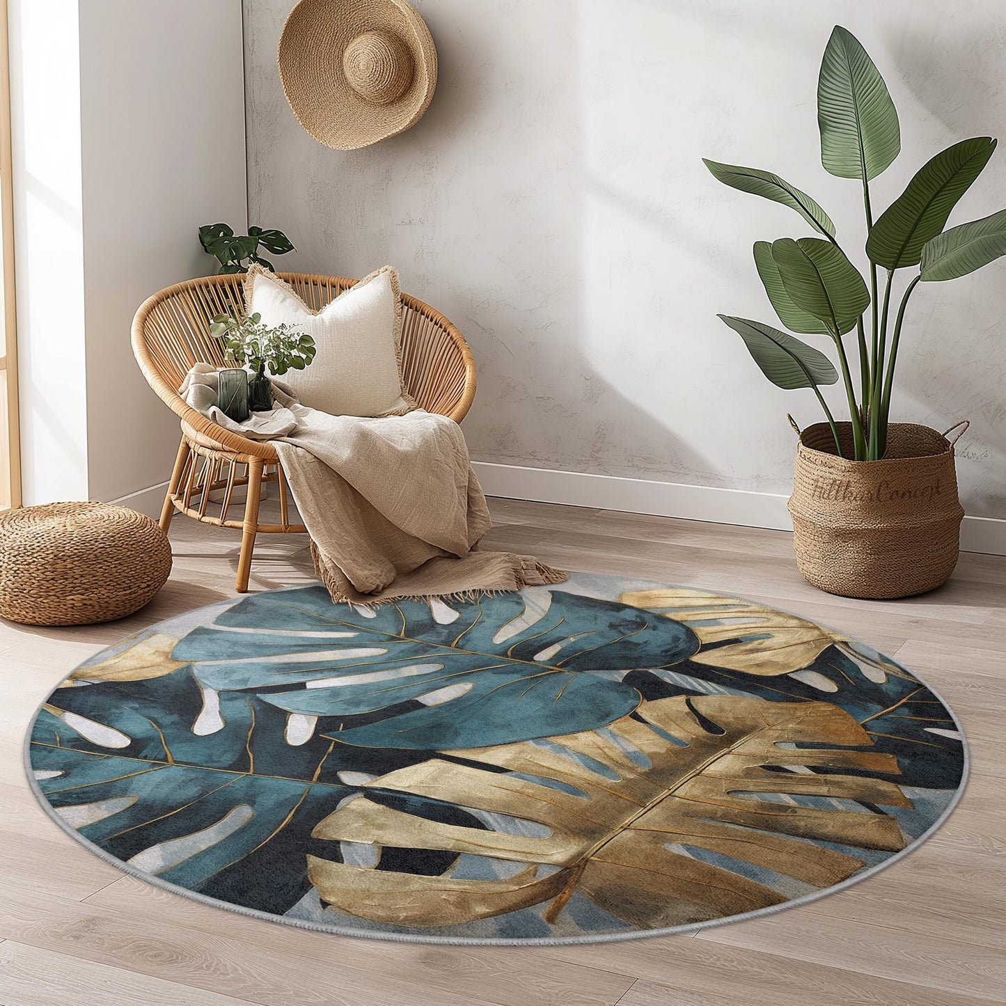 Tropical Monstera Leaf Round Area Rug, Bohemian Home Decor, Round Rug for Living Room, Leaf Print Carpet, Stylish Indoor Rug