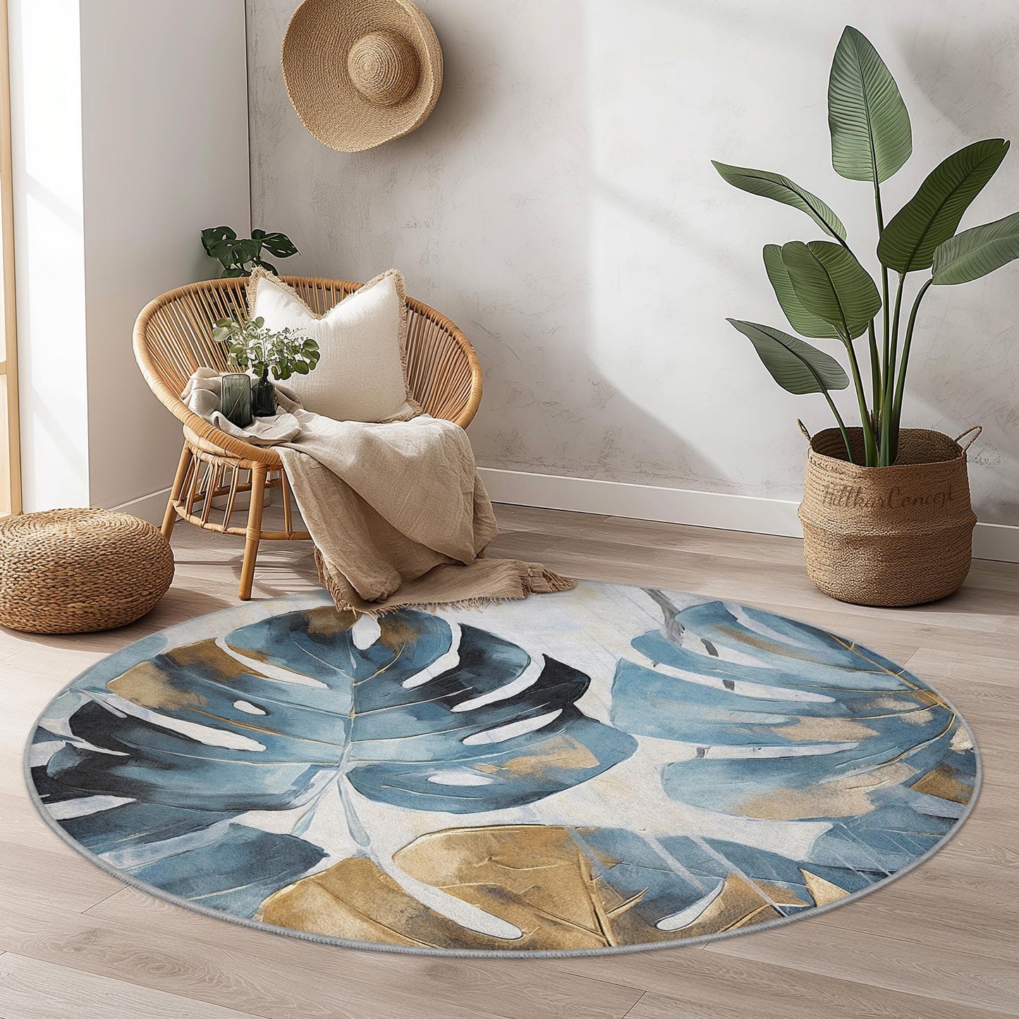 Runder Teppich mit tropischem Blattmotiv, blau-goldener Monstera-Blattteppich, Boho-Chic-Dekor, Wohnzimmerteppich, runder Pflanzenteppich für Zuhause