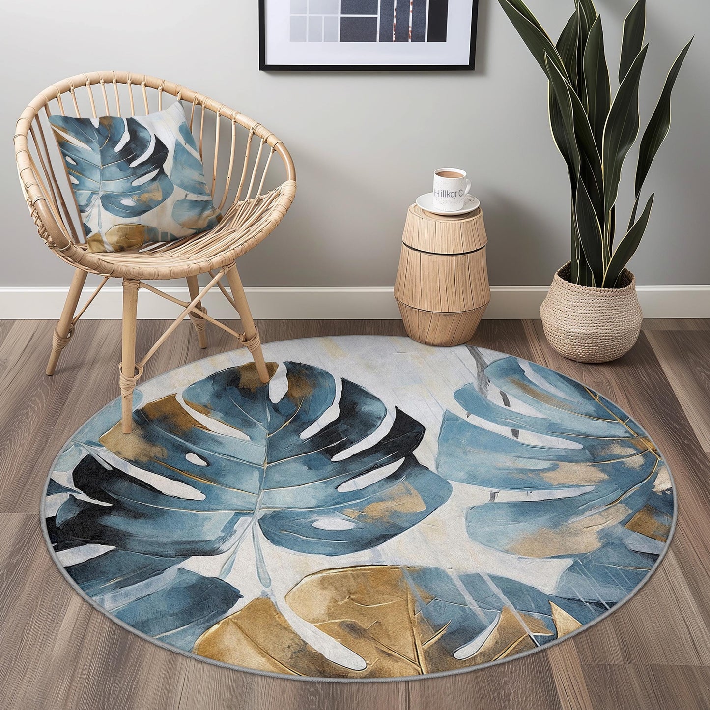 Runder Teppich mit tropischem Blattmotiv, blau-goldener Monstera-Blattteppich, Boho-Chic-Dekor, Wohnzimmerteppich, runder Pflanzenteppich für Zuhause