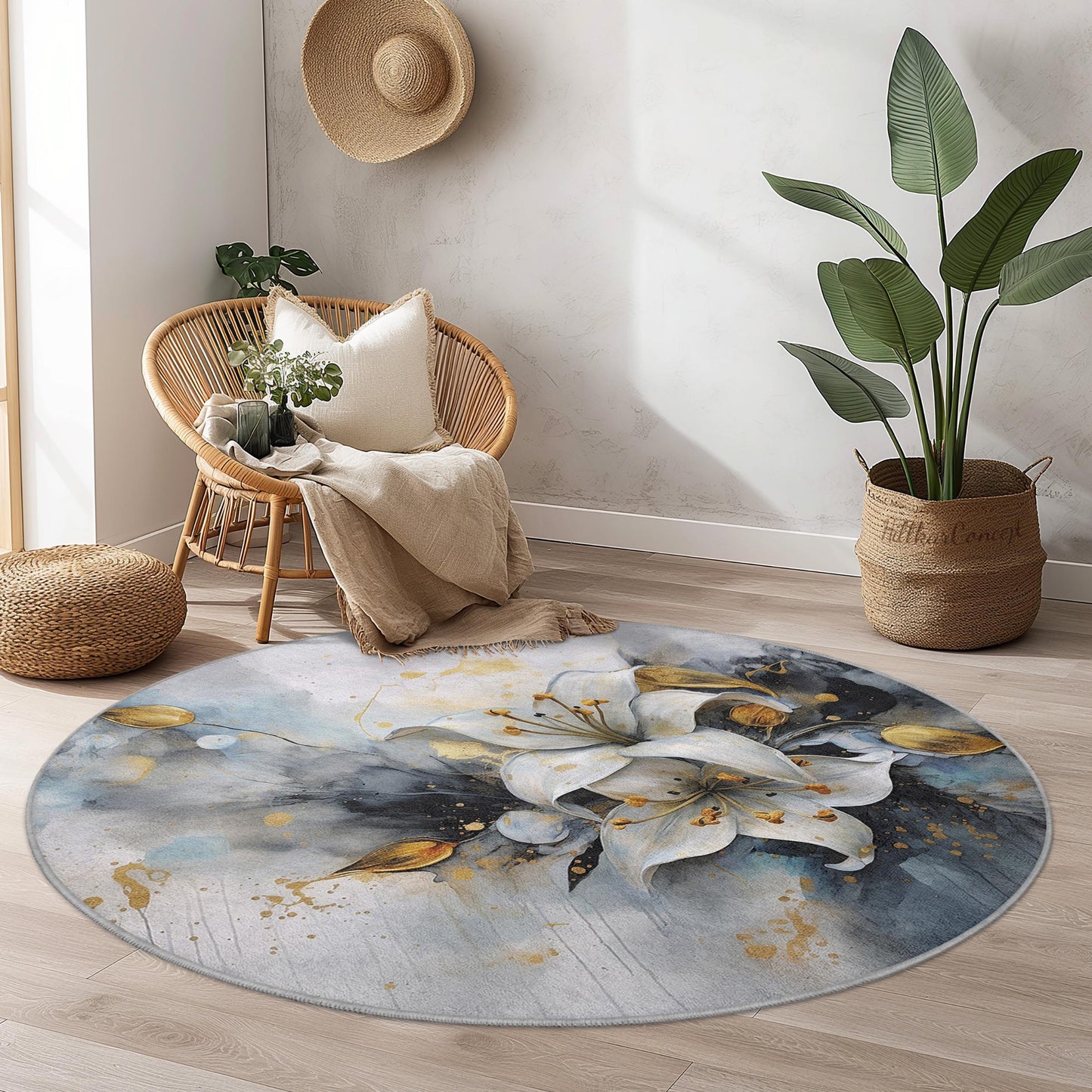 Eleganter runder Teppich mit floralem Muster, zartes Lilienmotiv, moderner runder Teppich für Wohnzimmer, Schlafzimmer, Wohnbereich, einzigartiger Akzentteppich