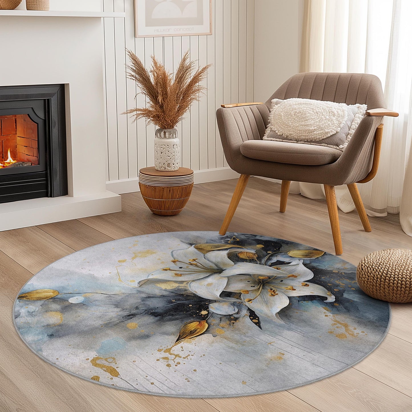 Eleganter runder Teppich mit floralem Muster, zartes Lilienmotiv, moderner runder Teppich für Wohnzimmer, Schlafzimmer, Wohnbereich, einzigartiger Akzentteppich
