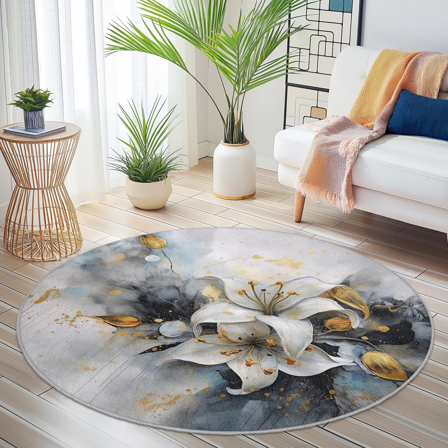 Eleganter runder Teppich mit floralem Muster, zartes Lilienmotiv, moderner runder Teppich für Wohnzimmer, Schlafzimmer, Wohnbereich, einzigartiger Akzentteppich