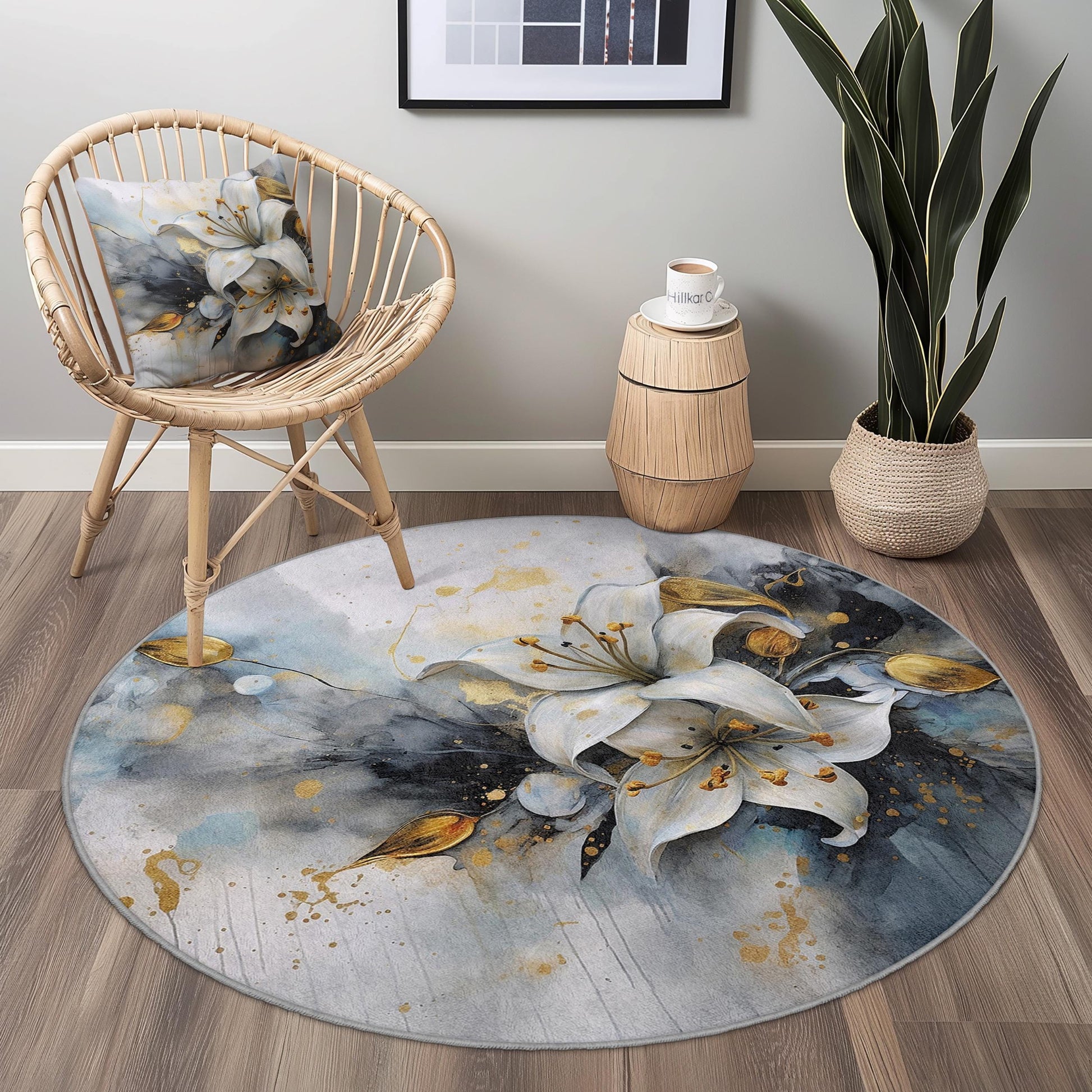 Elegant Floral Round Area Rug, Soft Lily Design Carpet, Modern Round Rug for Living Room, Bedroom, Home Decor, Unique Accent Rug