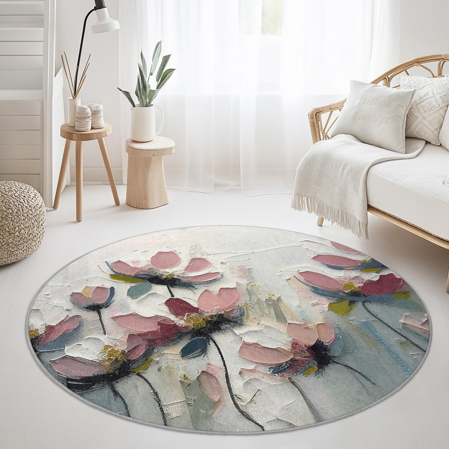 Runder Teppich mit abstraktem Blumenmuster, moderner Teppich mit Blumendesign, runder Blumenteppich für Wohnzimmer, Schlafzimmer, Wohnaccessoires