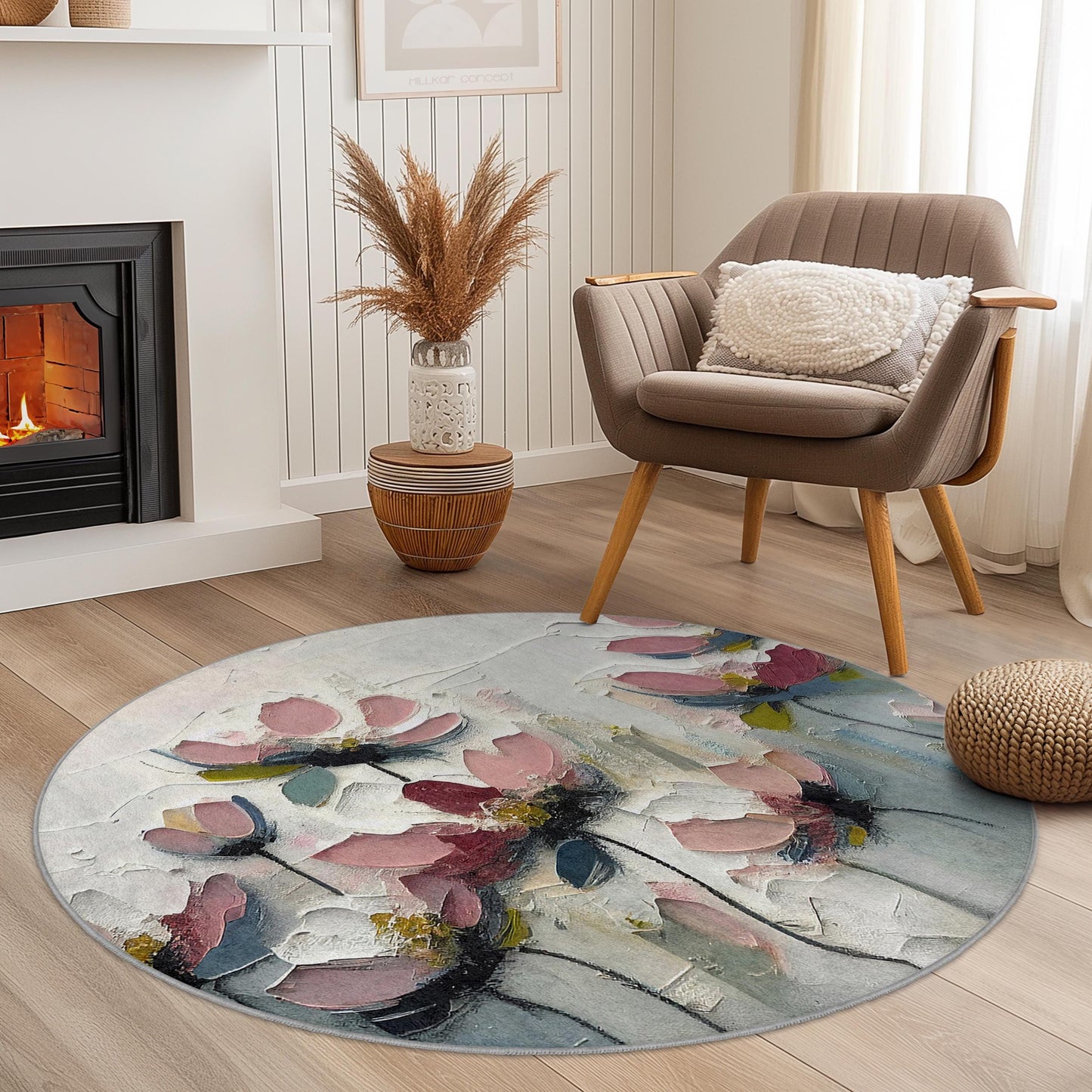 Runder Teppich mit abstraktem Blumenmuster, moderner Teppich mit Blumendesign, runder Blumenteppich für Wohnzimmer, Schlafzimmer, Wohnaccessoires