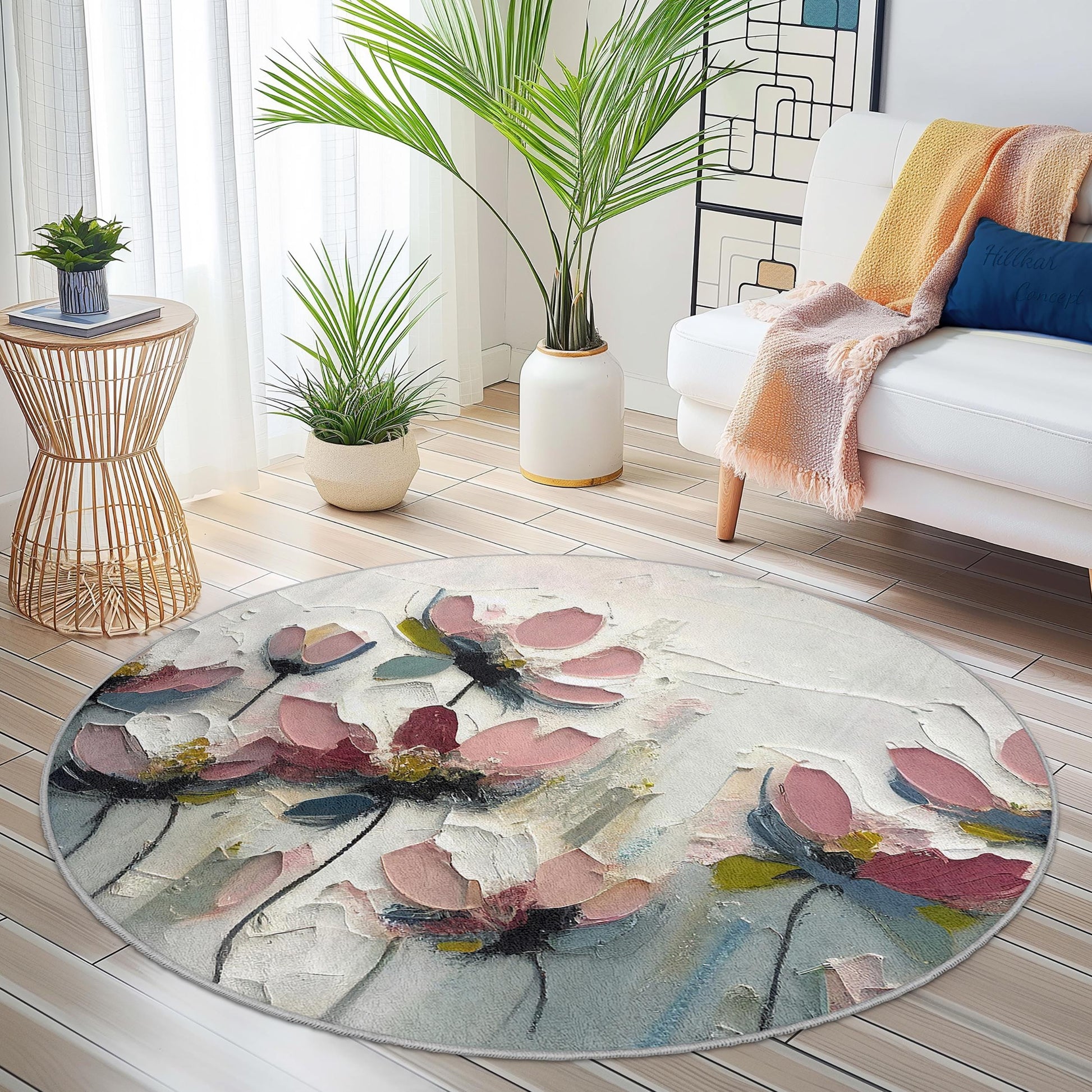 Floral Abstract Round Area Rug, Modern Flower Design Carpet, Round Floral Rug for Living Room, Bedroom, Home Decor