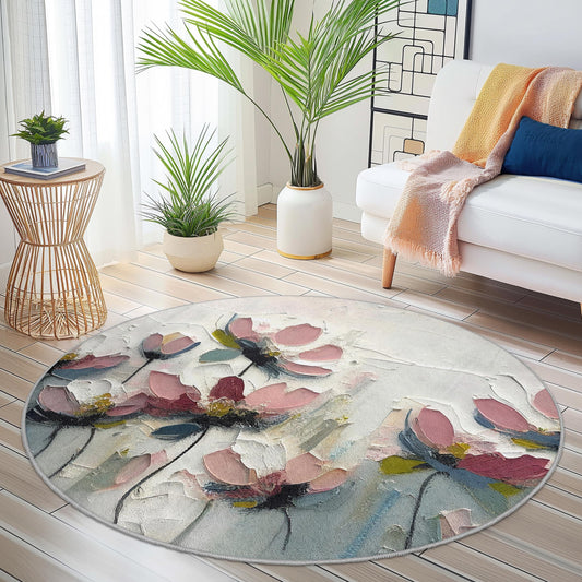 Floral Abstract Round Area Rug, Modern Flower Design Carpet, Round Floral Rug for Living Room, Bedroom, Home Decor