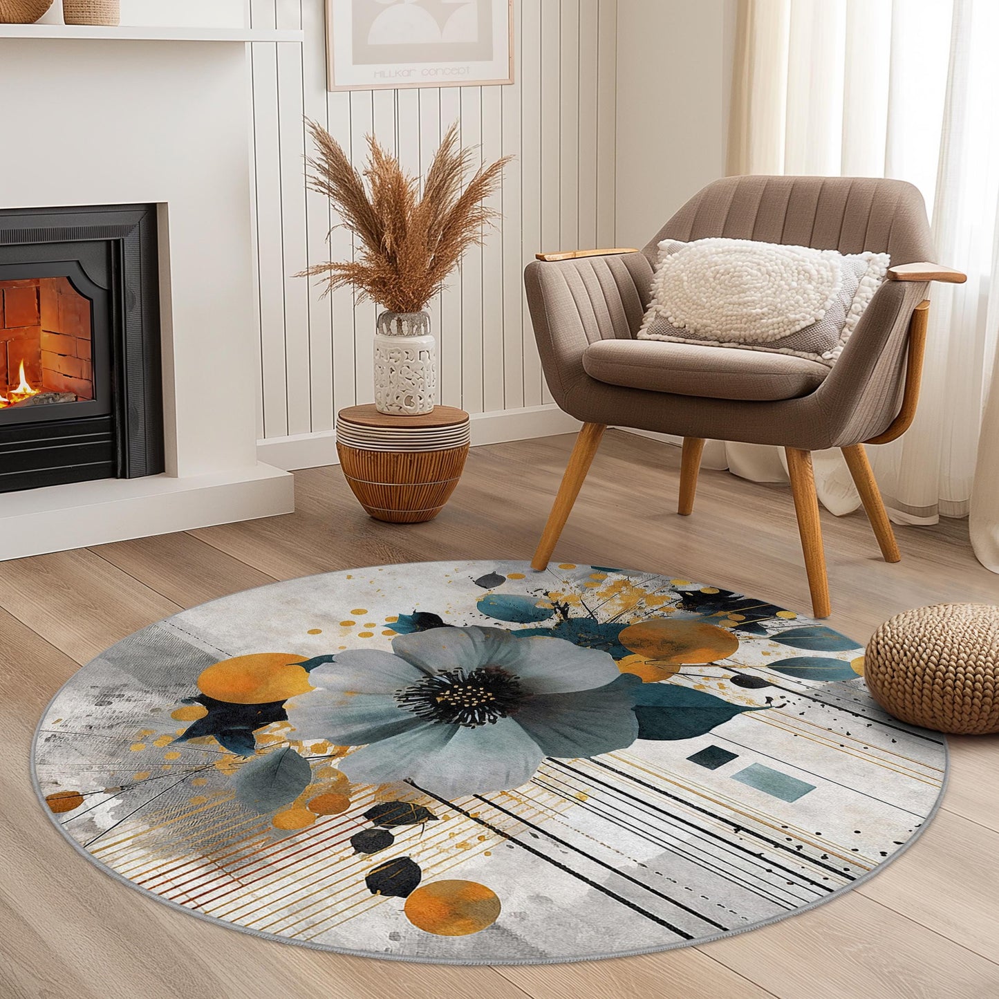 Runder Teppich mit lebendigem Blumenmuster, kunstvolles Blumendesign, moderner runder Teppich für Wohnzimmer, Schlafzimmer und Wohnbereich