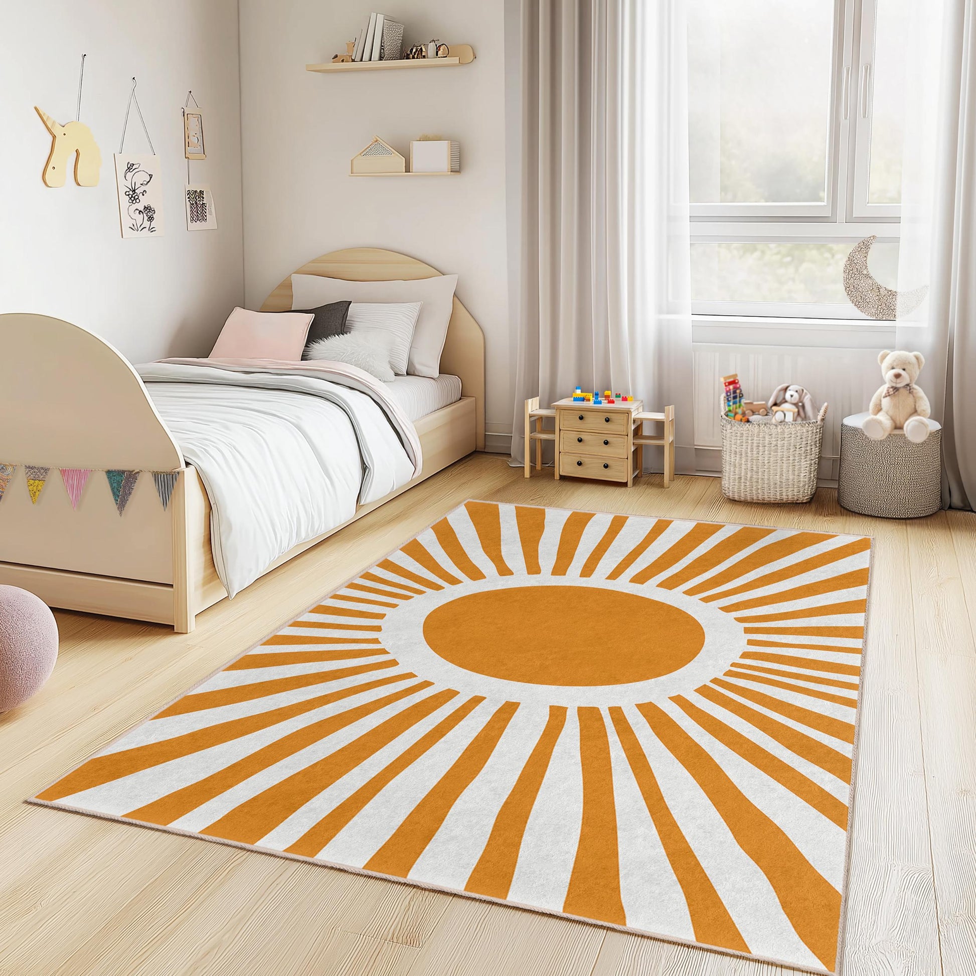 Sunburst Kids Room Rug, Yellow Sun Design Rectangle Rug, Nursery Decor, Playroom Carpet, Soft Children's Rug, Bright Room Accent