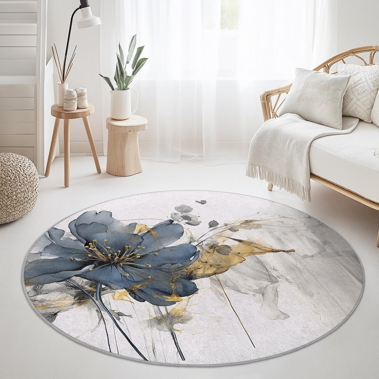 Eleganter runder Teppich mit Blumenmuster, moderner runder Teppich, stilvolle Wohndekoration, Wohnzimmerteppich, Schlafzimmerteppich, weicher runder Teppich