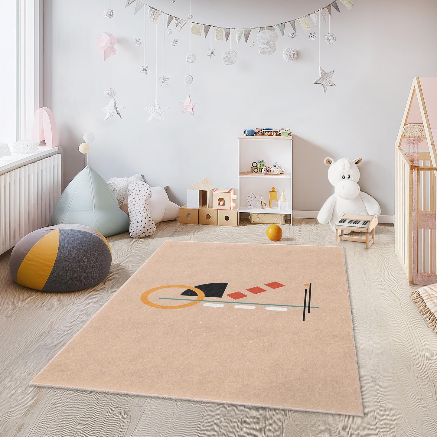 Geometric Shapes Playful Kids Rug, Rectangle Kids Room Carpet, Modern Design Playmat, Colorful Nursery Dcor, Soft Children's Rug