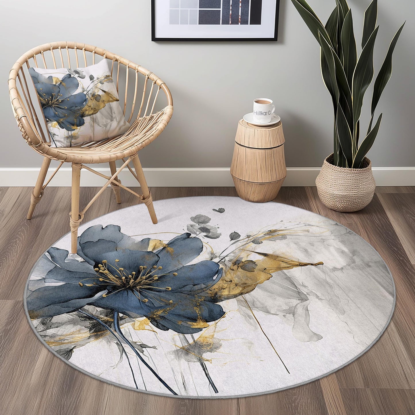 Eleganter runder Teppich mit Blumenmuster, moderner runder Teppich, stilvolle Wohndekoration, Wohnzimmerteppich, Schlafzimmerteppich, weicher runder Teppich