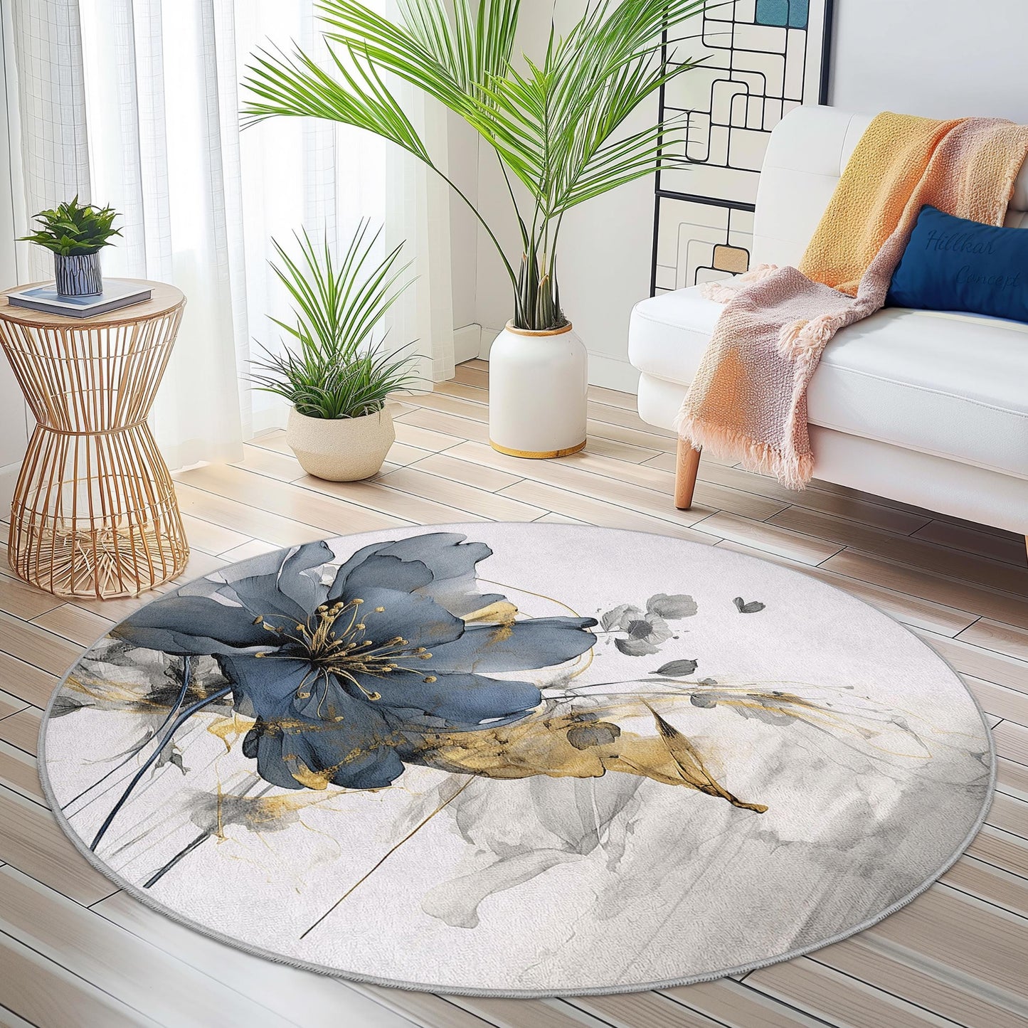 Eleganter runder Teppich mit Blumenmuster, moderner runder Teppich, stilvolle Wohndekoration, Wohnzimmerteppich, Schlafzimmerteppich, weicher runder Teppich