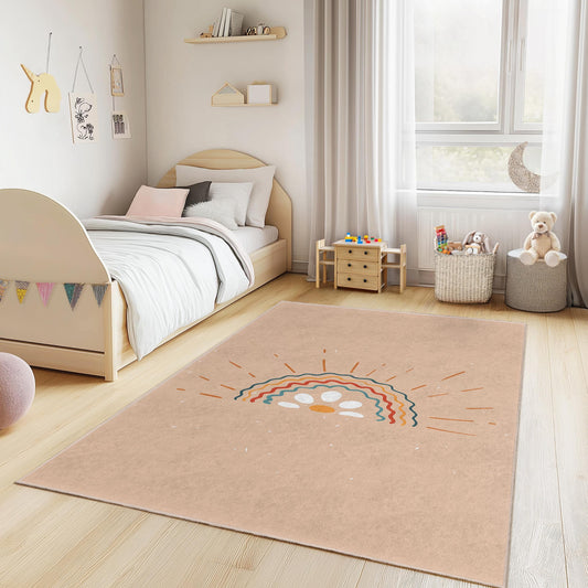 Sunrise Rainbow Floral Kids Rug, Colorful Flower Area Rug, Rectangular Playroom Carpet, Nursery Decor for Children
