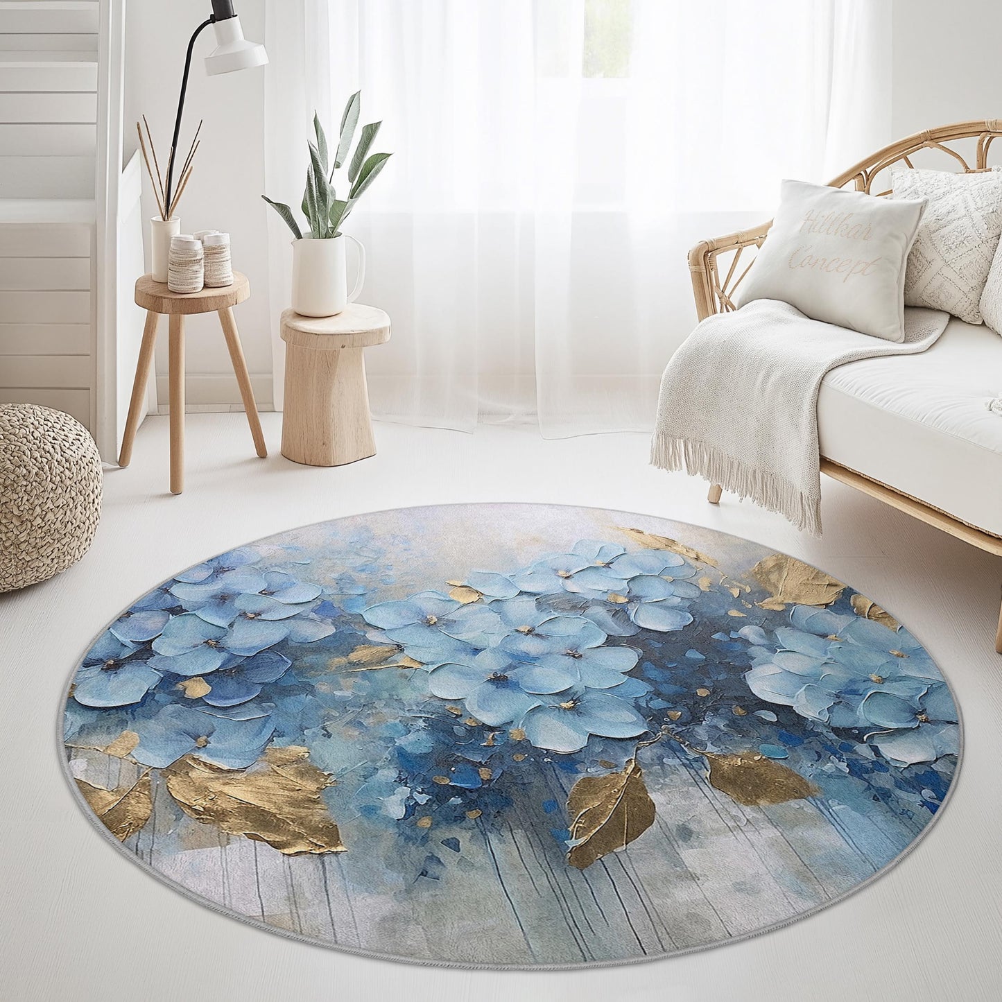 Runder Teppich mit blauem Blumenmuster, eleganter Teppich mit Blumendekor, weicher runder Teppich für Wohnzimmer, Schlafzimmer und andere Wohnbereiche