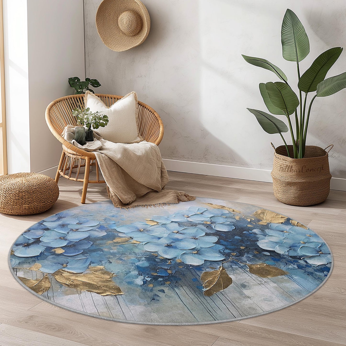 Runder Teppich mit blauem Blumenmuster, eleganter Teppich mit Blumendekor, weicher runder Teppich für Wohnzimmer, Schlafzimmer und andere Wohnbereiche