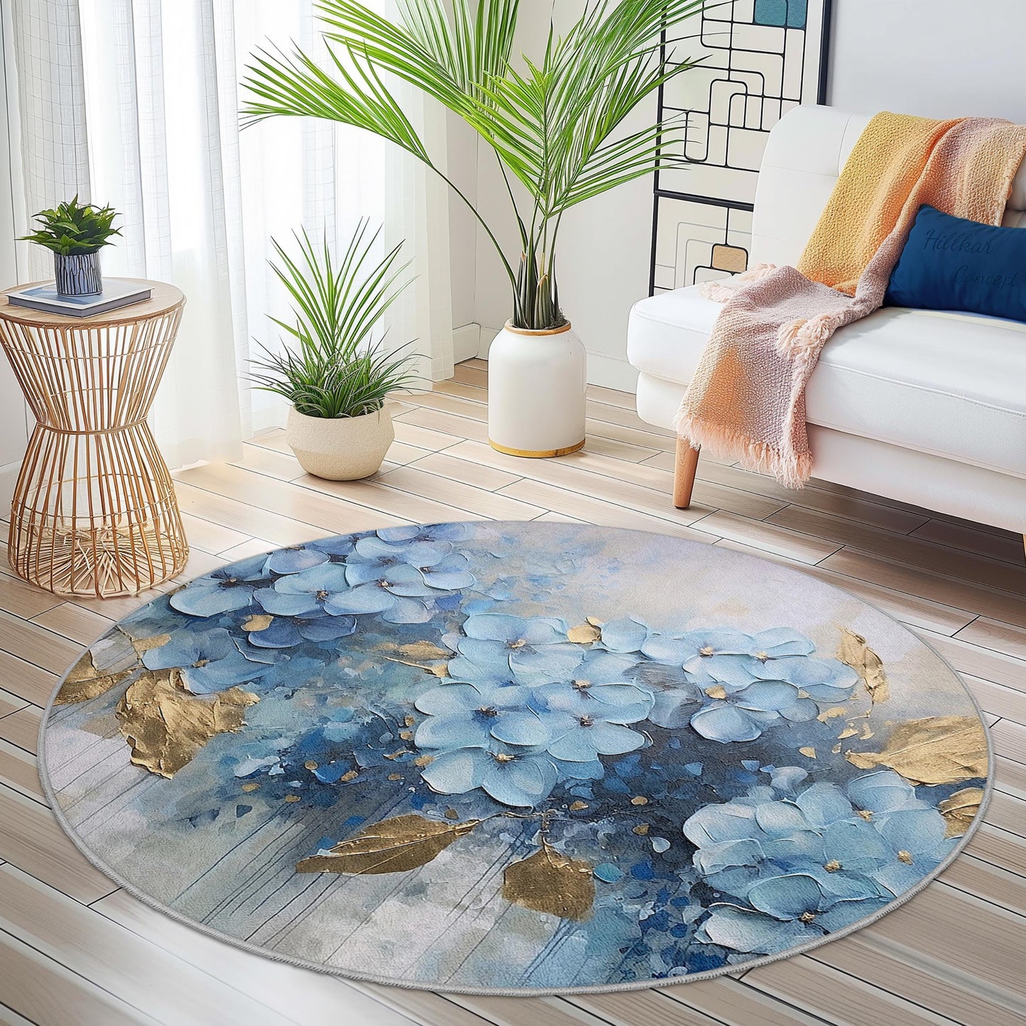 Runder Teppich mit blauem Blumenmuster, eleganter Teppich mit Blumendekor, weicher runder Teppich für Wohnzimmer, Schlafzimmer und andere Wohnbereiche