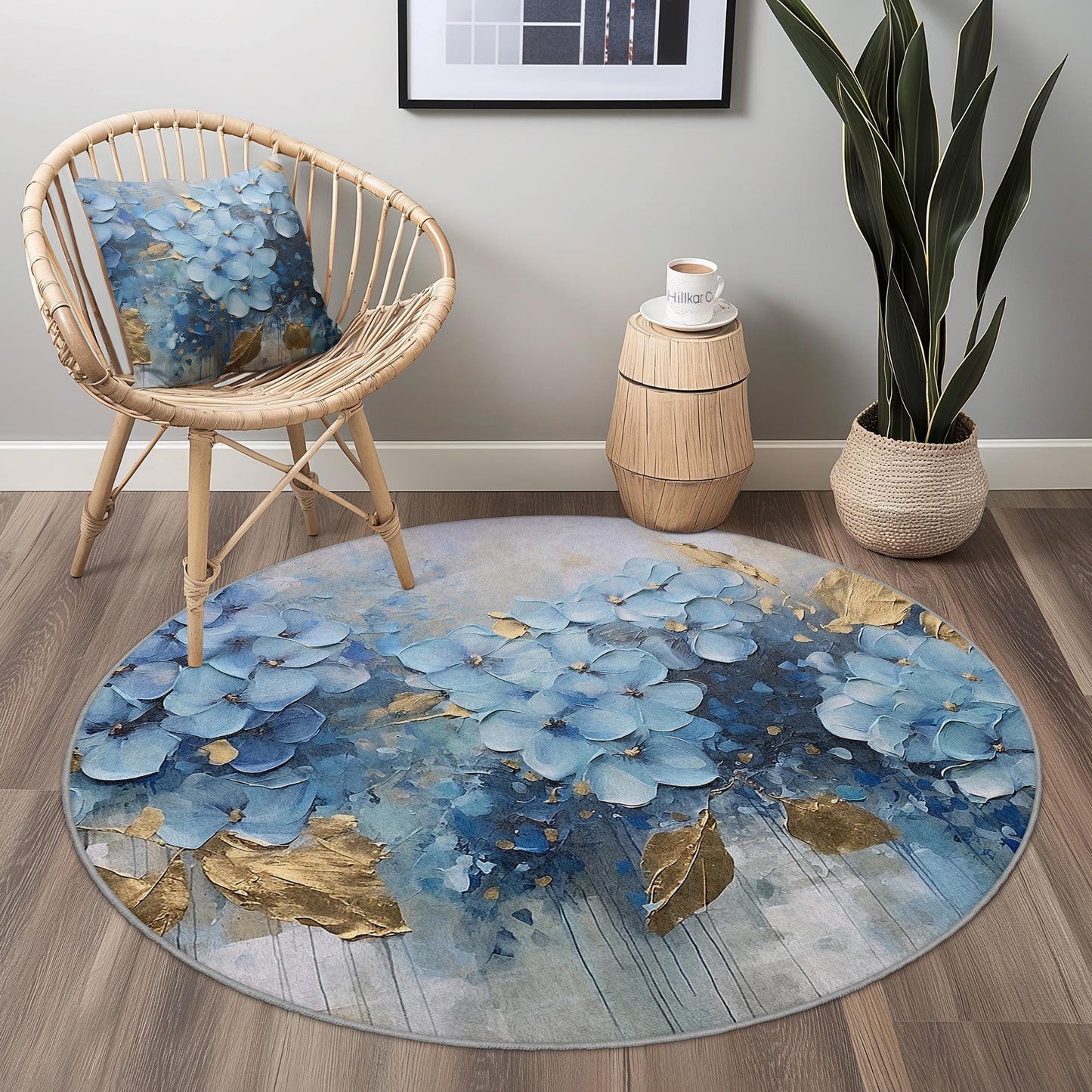 Blue Floral Round Area Rug, Elegant Flower Design Rug, Soft Round Carpet for Living Room, Bedroom, Home Decor