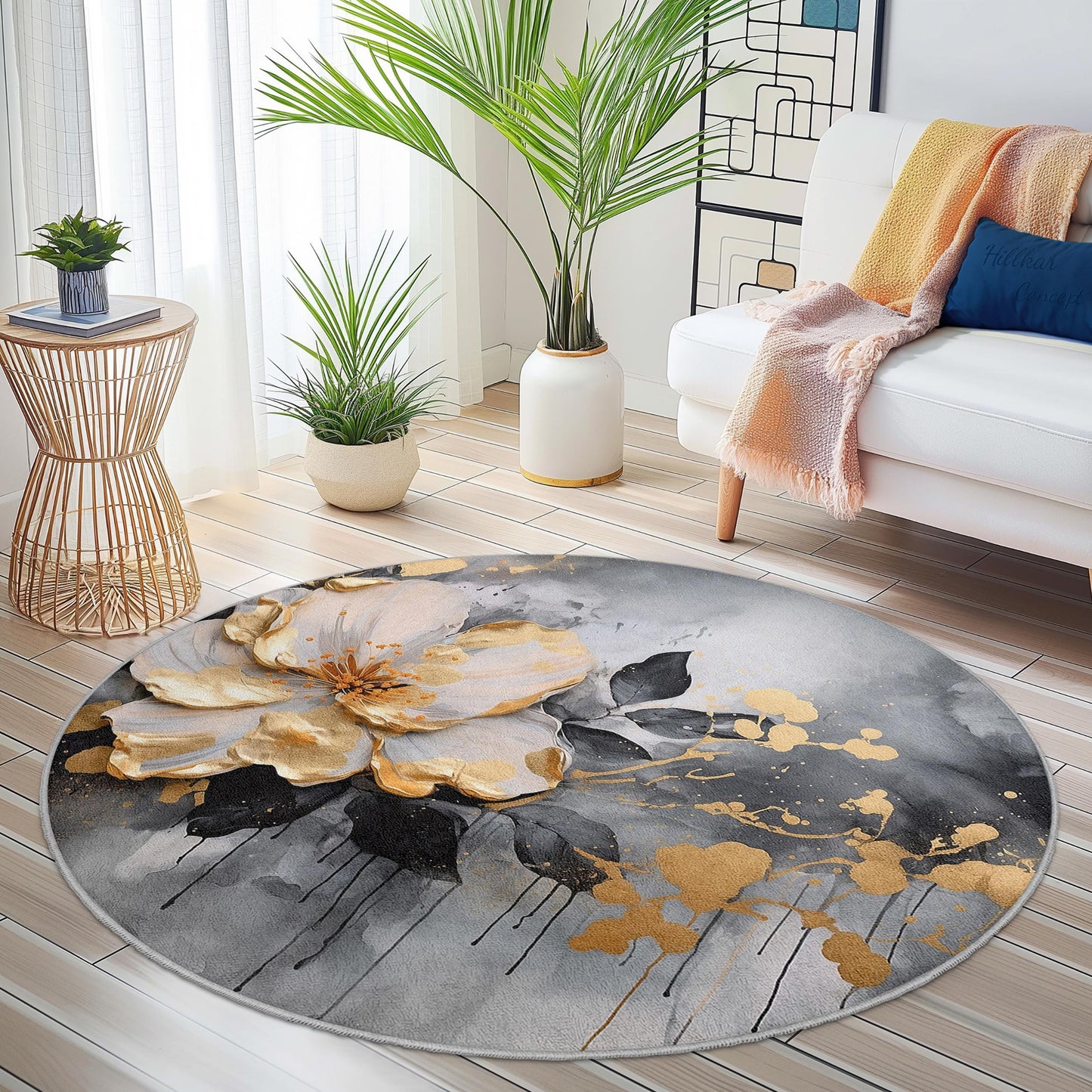 Elegant Floral Round Area Rug, Modern Flower Design Carpet, Soft Home Decor Rug for Living Room, Bedroom, and Office