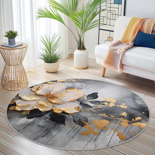 Elegant Floral Round Area Rug, Modern Flower Design Carpet, Soft Home Decor Rug for Living Room, Bedroom, and Office