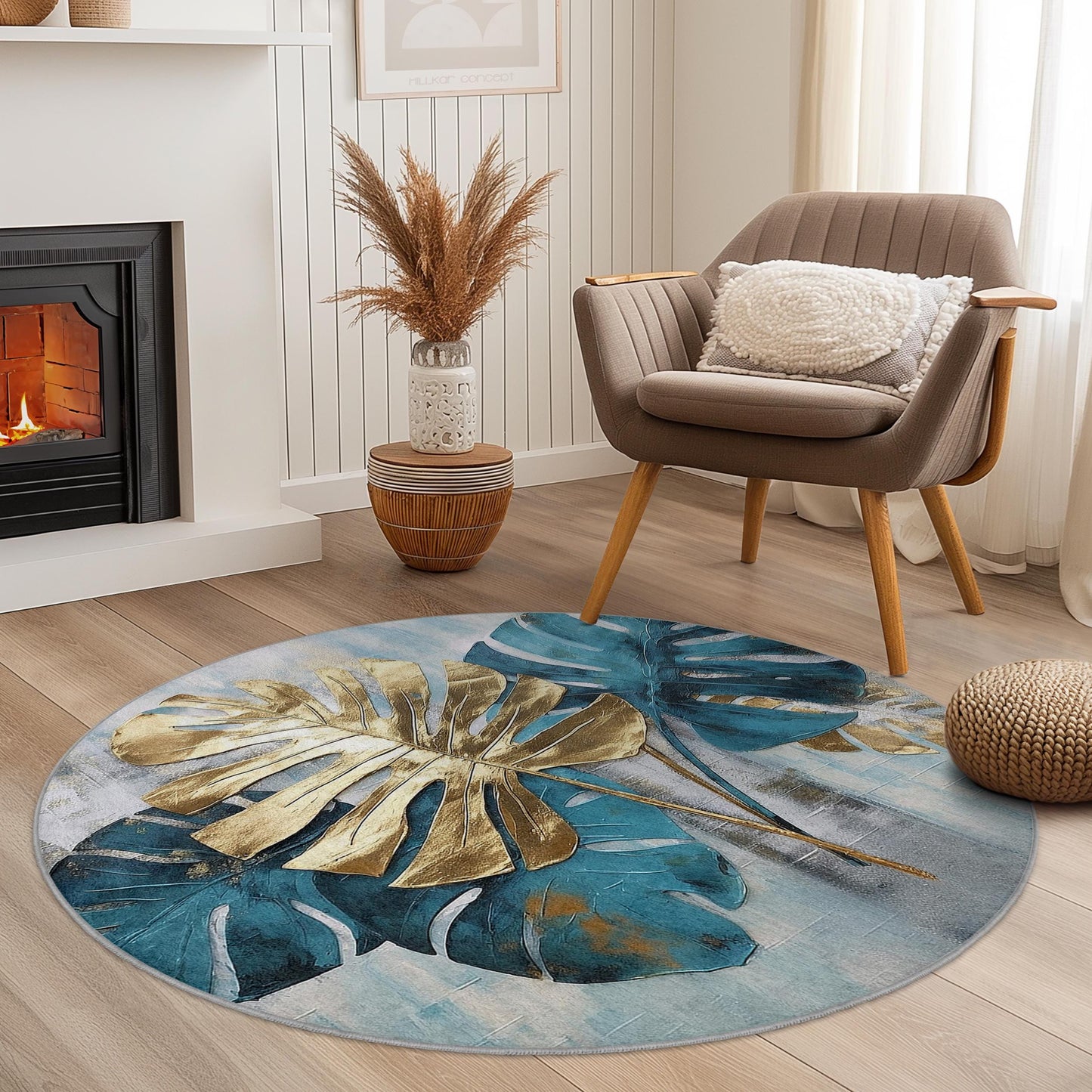 Runder Teppich mit tropischen Monstera-Blättern, Goldblatt-Design, Teppich im Bohème-Stil für Wohnzimmer, Wohnaccessoires, weiche Bodenmatte