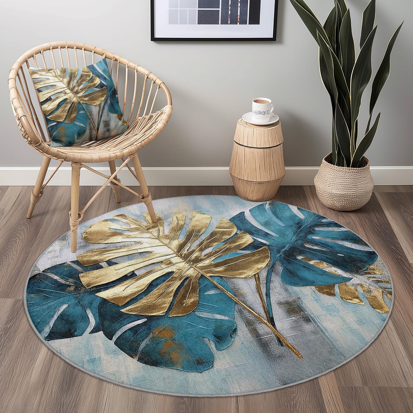 Runder Teppich mit tropischen Monstera-Blättern, Goldblatt-Design, Teppich im Bohème-Stil für Wohnzimmer, Wohnaccessoires, weiche Bodenmatte