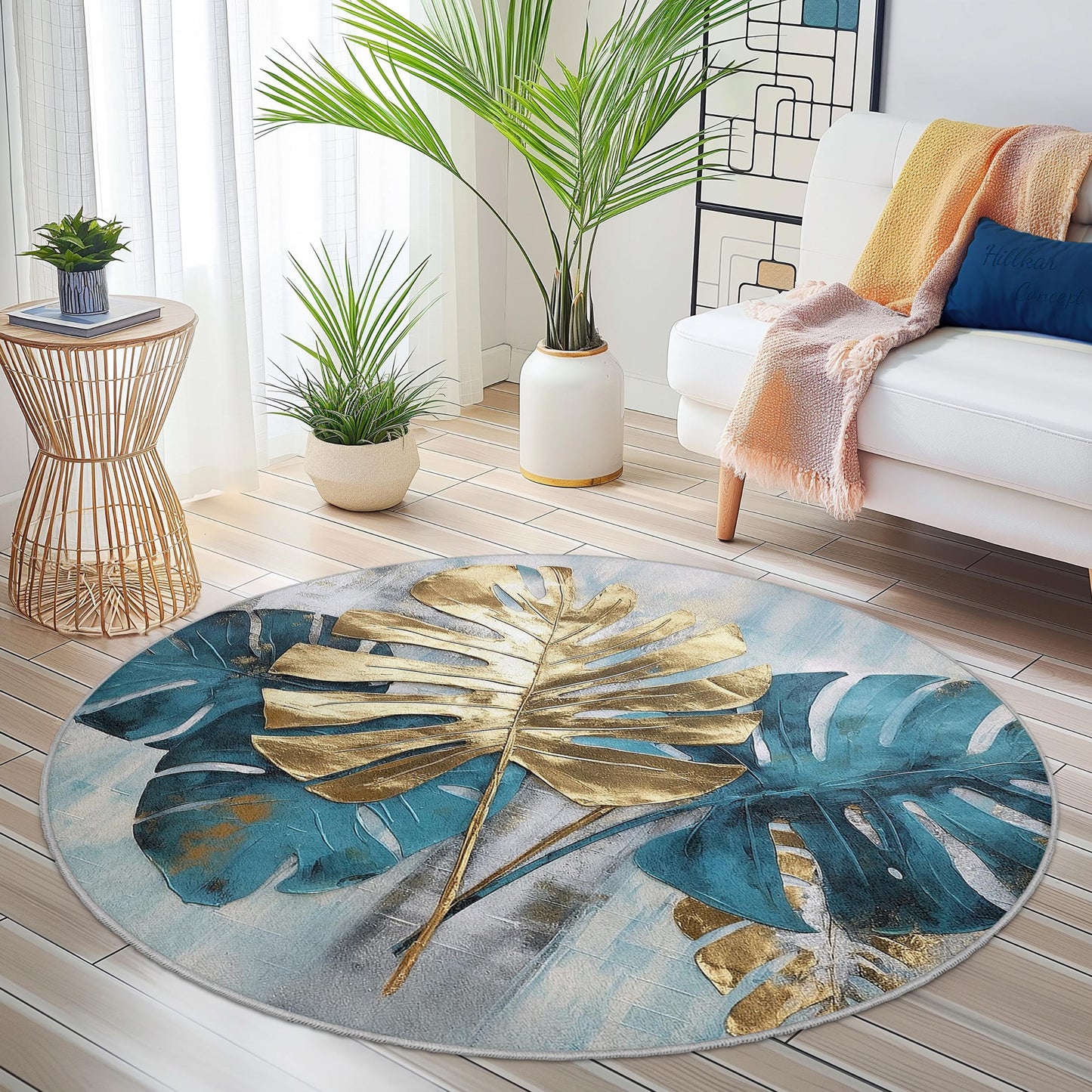 Runder Teppich mit tropischen Monstera-Blättern, Goldblatt-Design, Teppich im Bohème-Stil für Wohnzimmer, Wohnaccessoires, weiche Bodenmatte